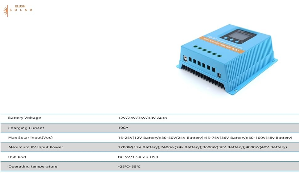 Controlador de Carga Solar MPPT 100A 12V/24V/36V/48V con Pantalla LCD 2 SA2