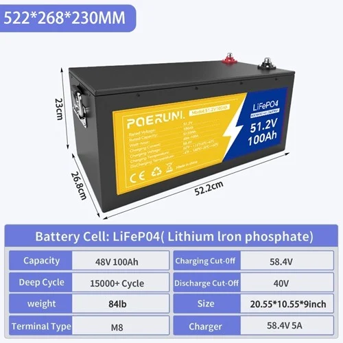 Batería LiFePO4 48V 100Ah POERUNI con BMS 2 57 1